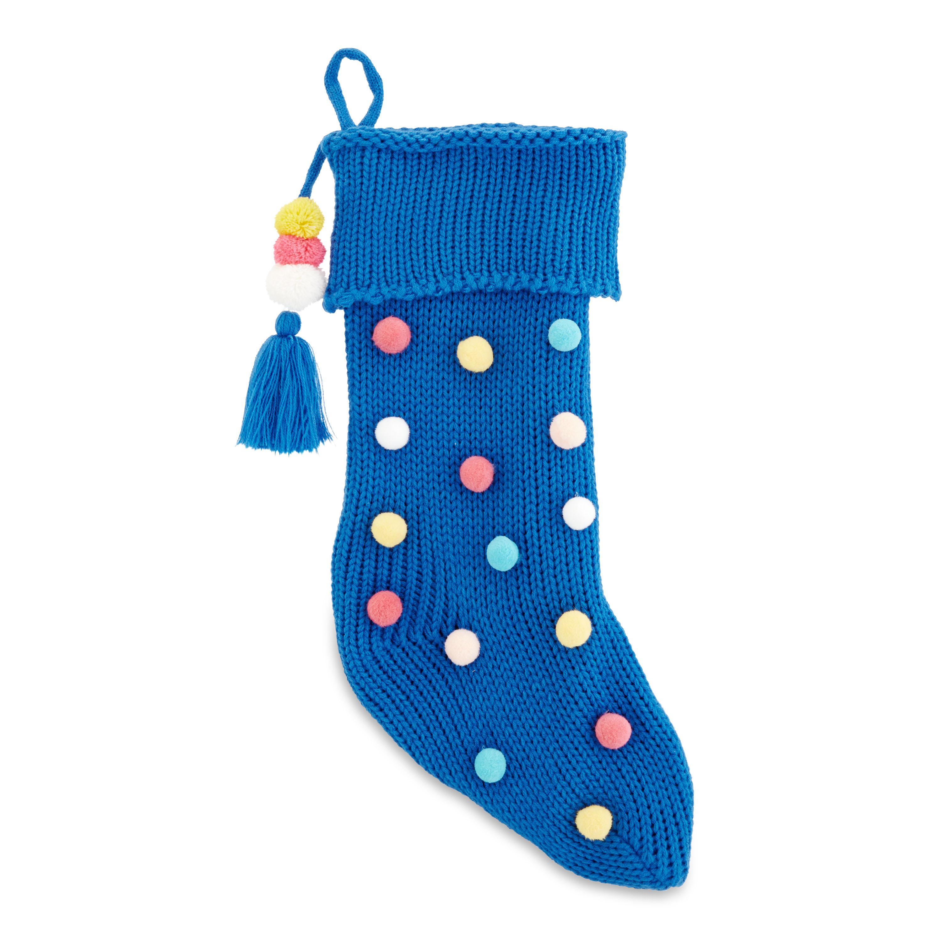 Holiday Time 20inch Blue with Colorful Poms Poms Knit Christmas