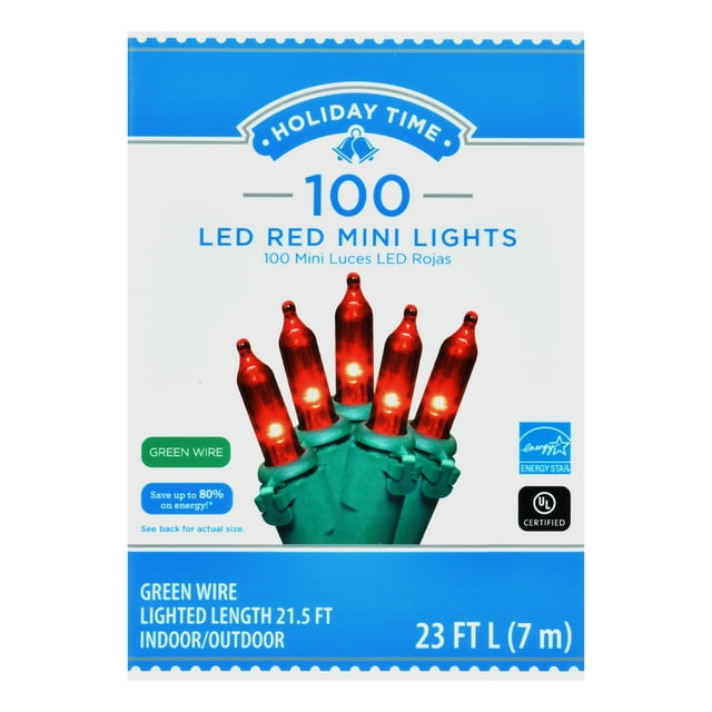 Holiday Time 23foot Red LED Mini Christmas Lights, with Green Wire