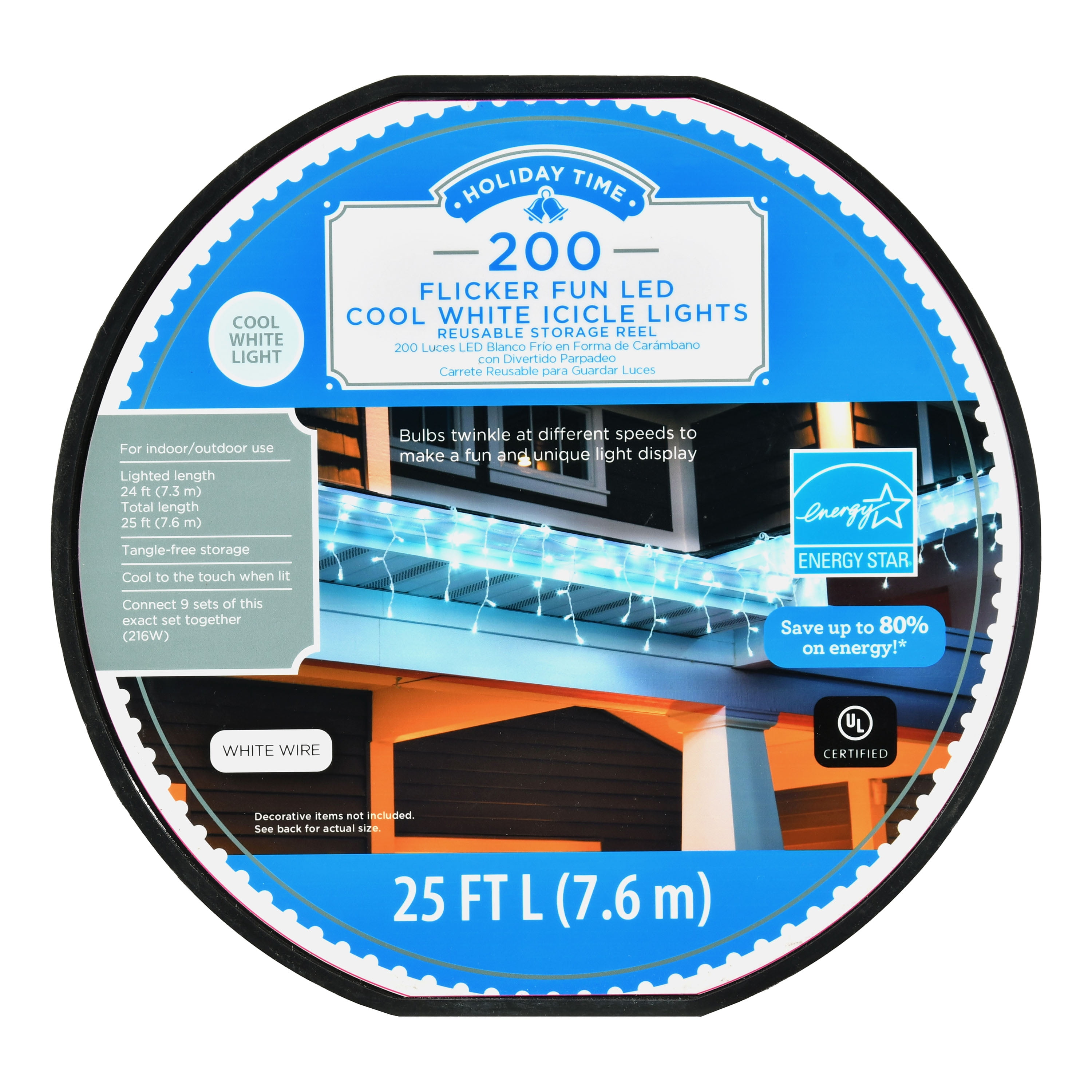 Holiday Time 25 ft, 200 Count White LED Flicker Fun Icicle Christmas