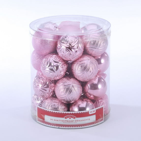 Holiday Time 26 Count Shatterproof Ornaments- Pink