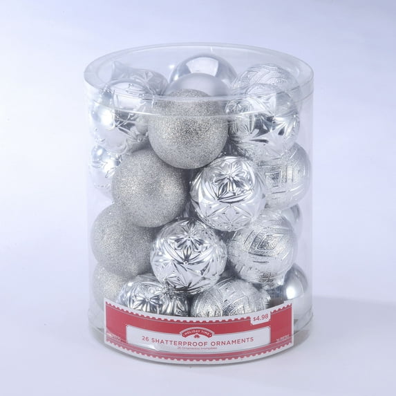Holiday Time 26 Count Shatterproof Ornaments- Silver