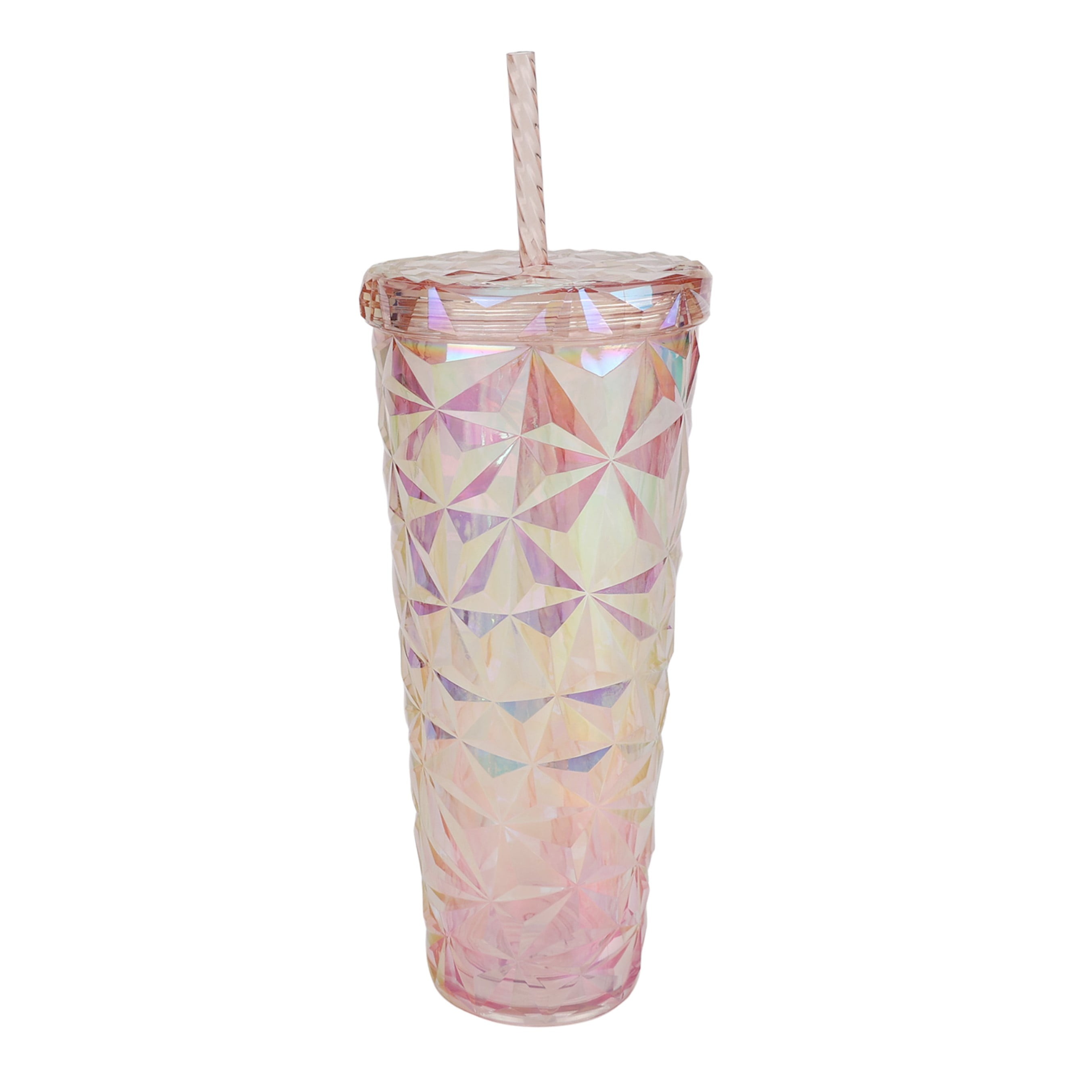 Holiday Time 26 oz Plastic Double Wall Insulated Prismatic Textured Tumbler with Straw, Pink Iridescent