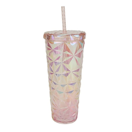 Holiday Time 26 oz Plastic Double Wall Insulated Prismatic Textured Tumbler with Straw, Pink Iridescent