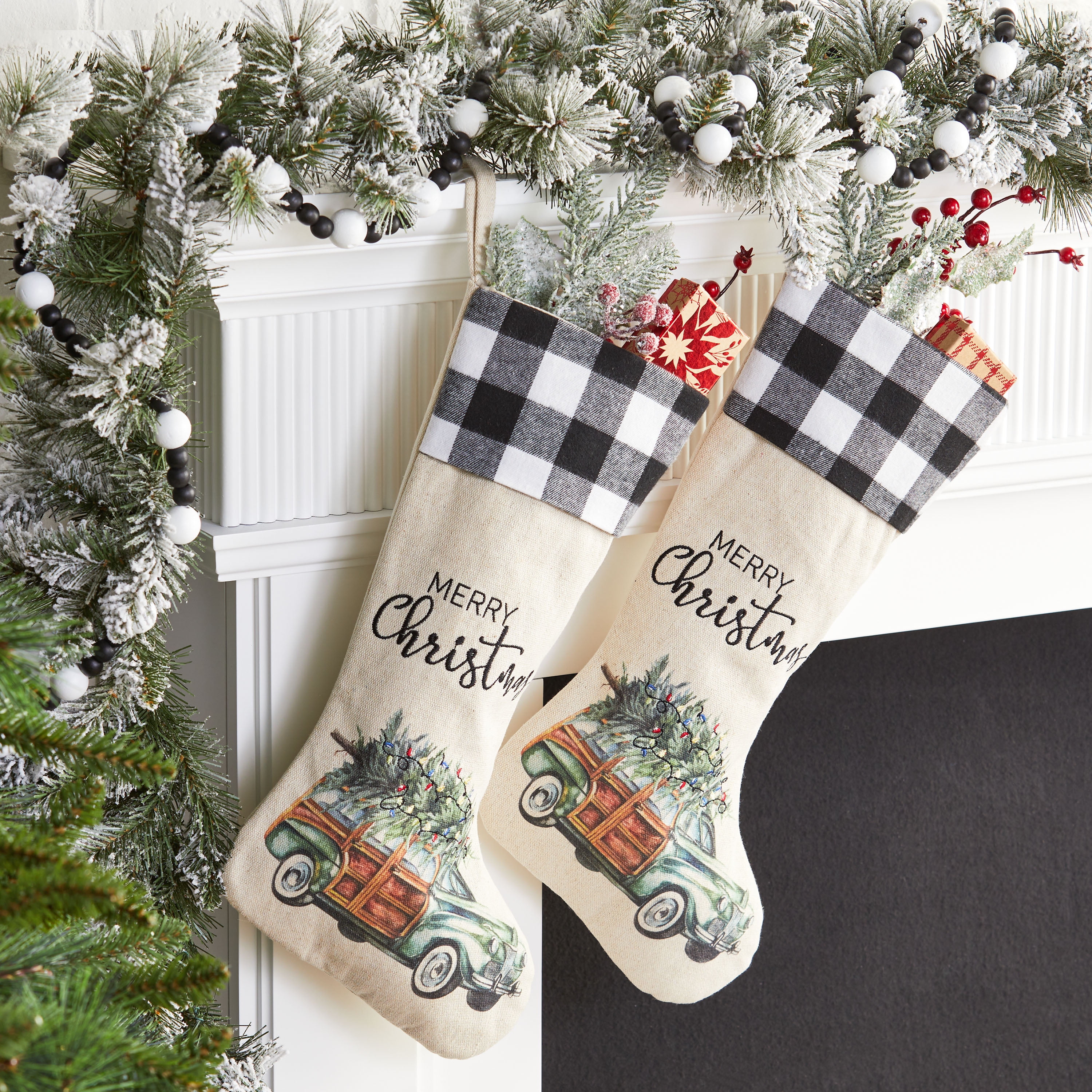 Holiday Time 2pack 20inch Christmas Green Truck Stocking, Linen Natural