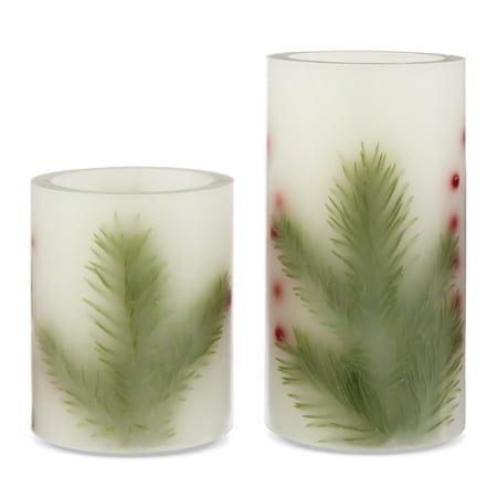 Holiday Time 3.25x4 and 3.25x6 inch Led Flameless Pillar Candles, White Unscented Wax with Red Berry&Evergreen ,Warm White Light,Set Pack