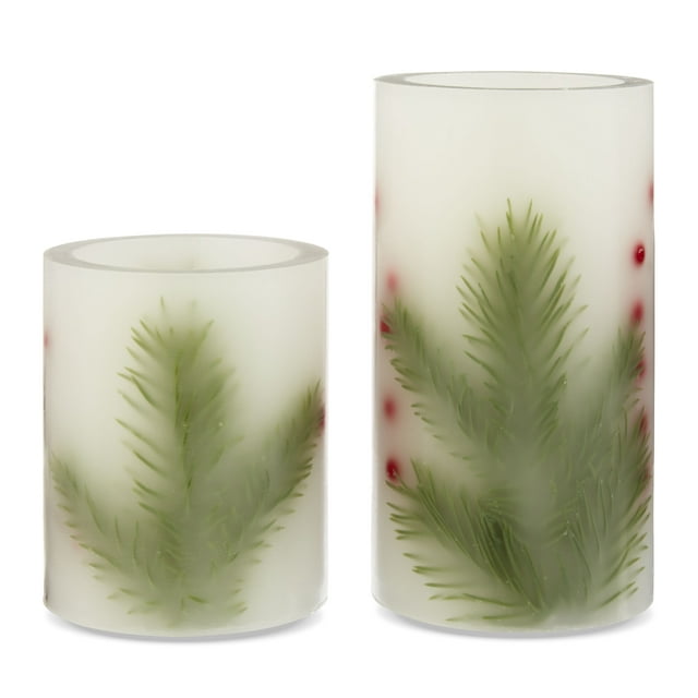 Holiday Time 3.25x4 and 3.25x6 inch Led Flameless Pillar Candles, White Unscented Wax with Red Berry&Evergreen ,Warm White Light,Set Pack