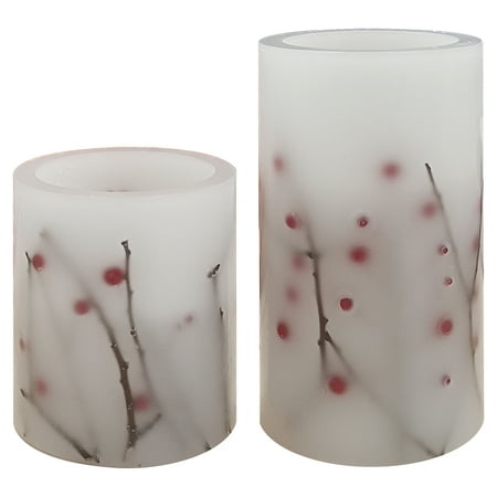 Holiday Time 3.25x4 and 3.25x6 inch Led Flameless Pillar Candles, White Unscented Wax with Red Berry,Warm White Light,Set Pack