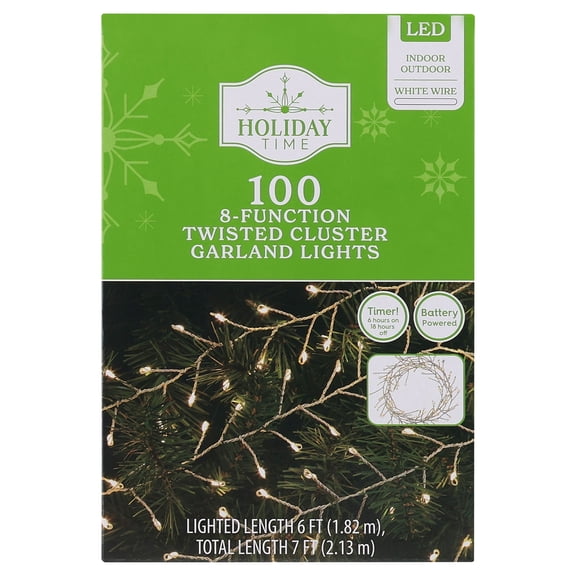 Indoor/Outdoor 100-Count Battery-Operated LED 8-Function Twisted Cluster Christmas Garland Lights, Warm White, White Wire, 6', by Holiday Time