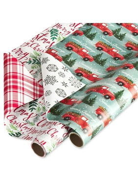Holiday Time 30 Christmas Reversible Wrapping Paper, Christmas Script, and Red Trucks (90 Sq. ft., 2-Roll)