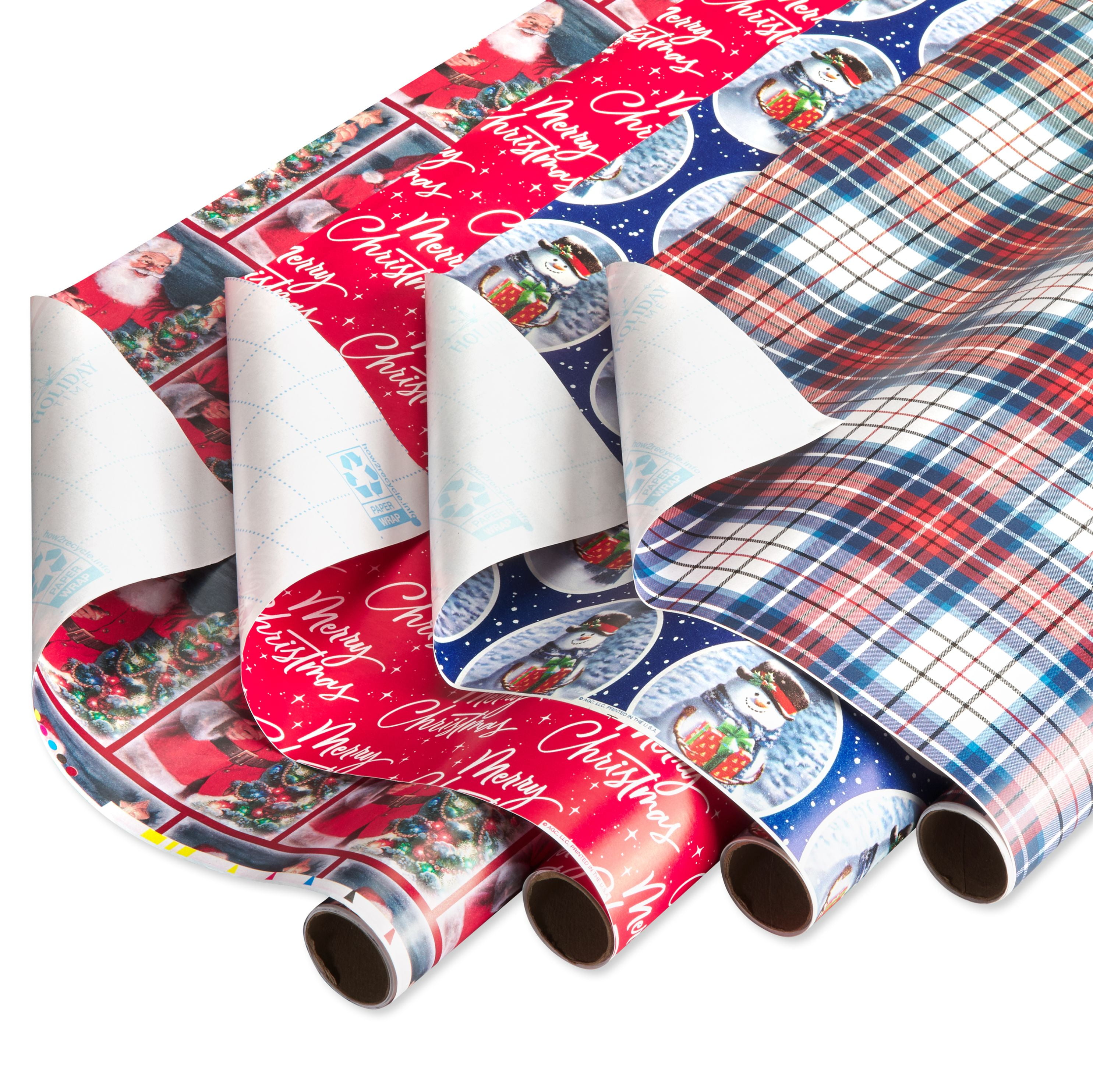 Holiday Time 30" Christmas Wrapping Paper, Script, Snowmen and Plaid