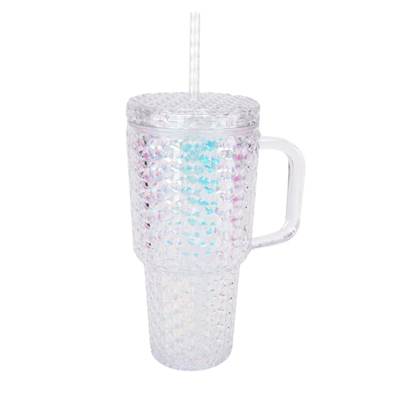 Holiday Time 30 oz Plastic Double Wall Insulated Prismatic Textured Tumbler with Straw and Handle, White Iridecent