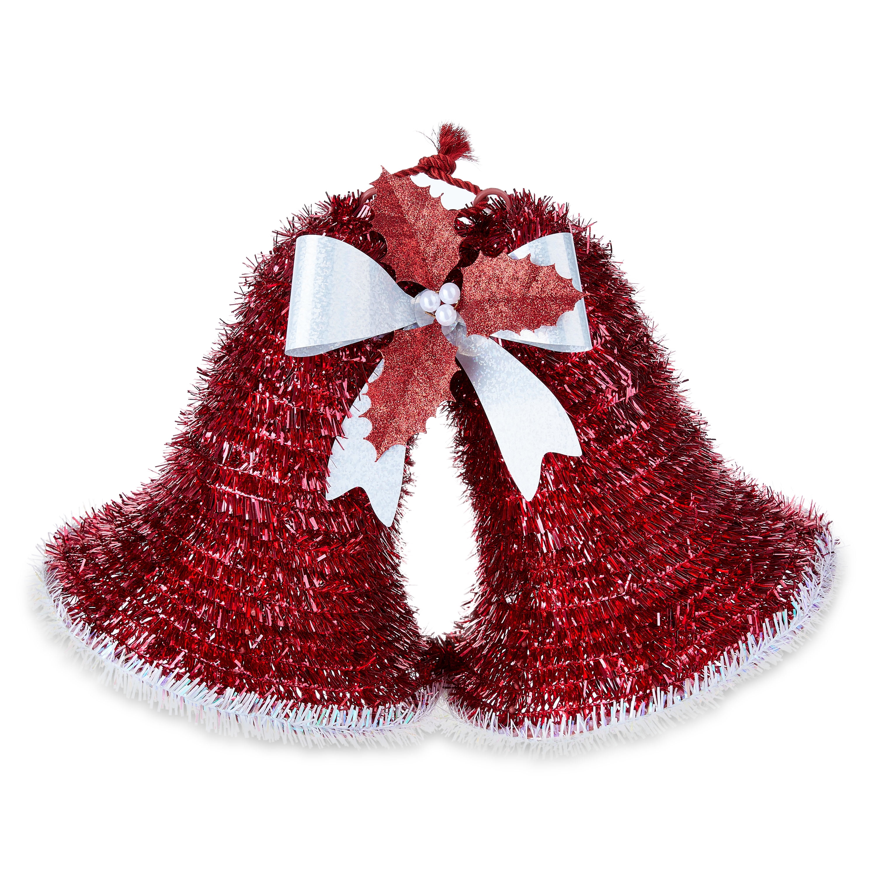Holiday Time 3D Red Tinsel Double Bell Hanging Decoration
