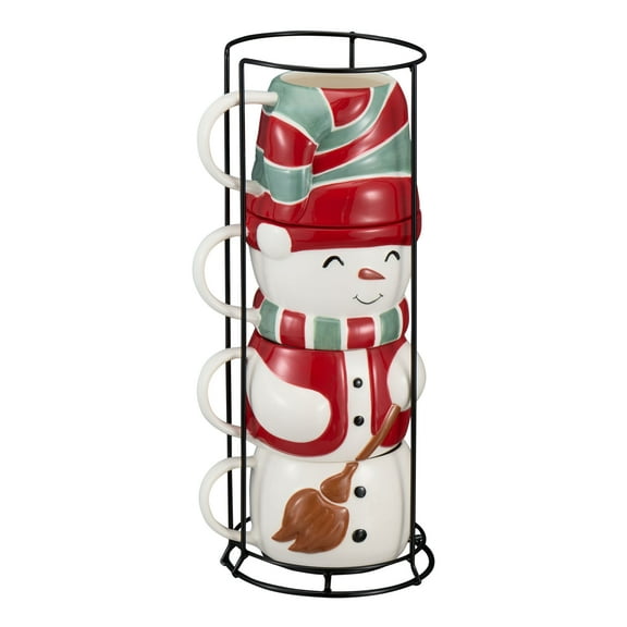 Holiday Time 4-Piece 12oz Snowman Glazed Stoneware Ceramic Stacking Mug Set with Metal Rack