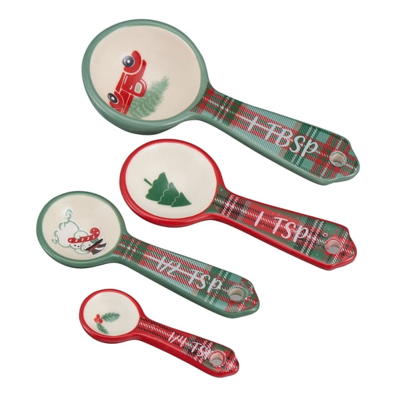 Holiday Time 4-Piece Plaid Glazed Stoneware Measuring Spoon Set, Multicolor