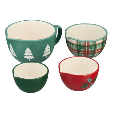 Holiday Time 4-Piece Trees & Plaid Glazed Stoneware Measuring Cup Set, Multicolor
