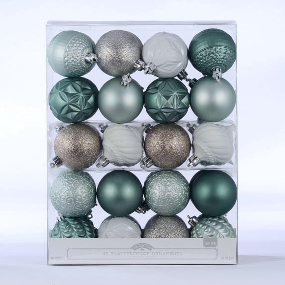 Holiday Time 40 Count Shatterproof Ornaments- Green, Silver & White