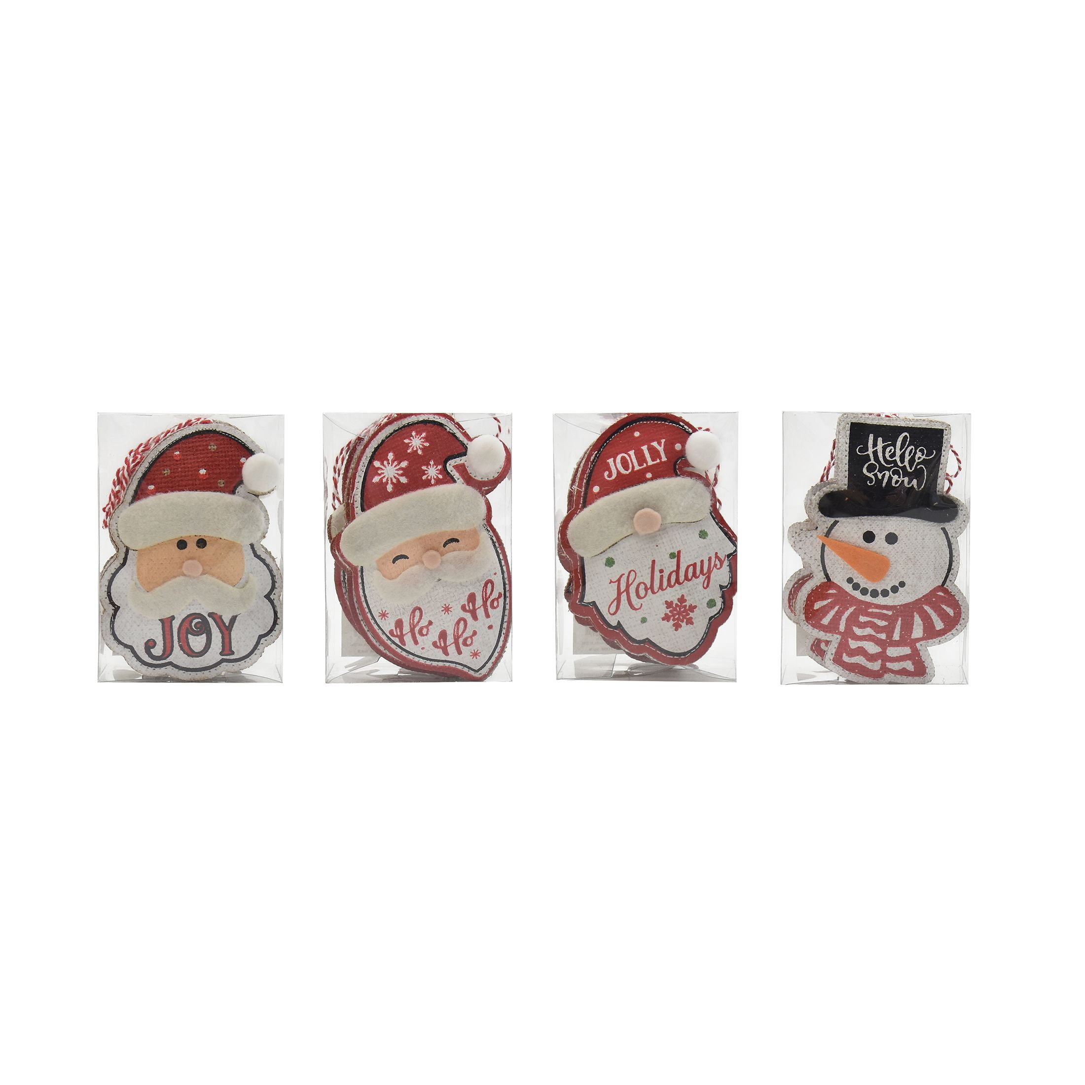 Holiday Time 4ast Red and White Santa Snowman Gnome Pattern Burlap Ornament Set