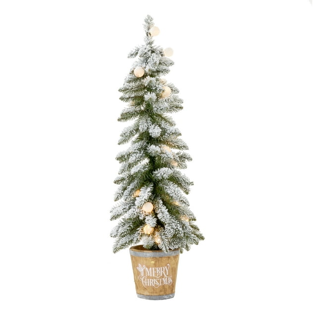 Holiday Time 4ft Pre-Lit Christmas Joy Flocked Potted Tree, Color-Changing LED, Green, 4'