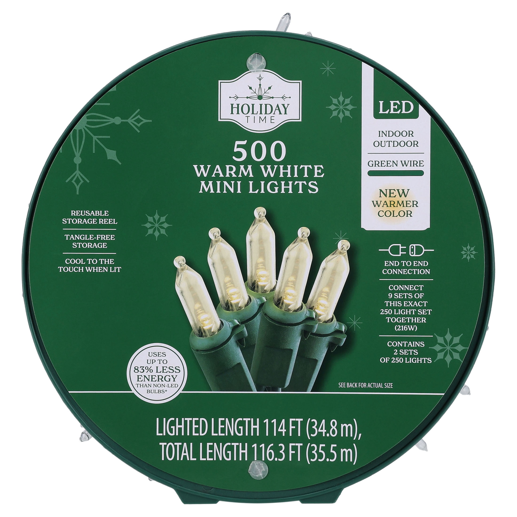 Indoor/Outdoor 500-Count LED Mini Christmas String Lights, Warm White, Green Wire, 114', by Holiday Time