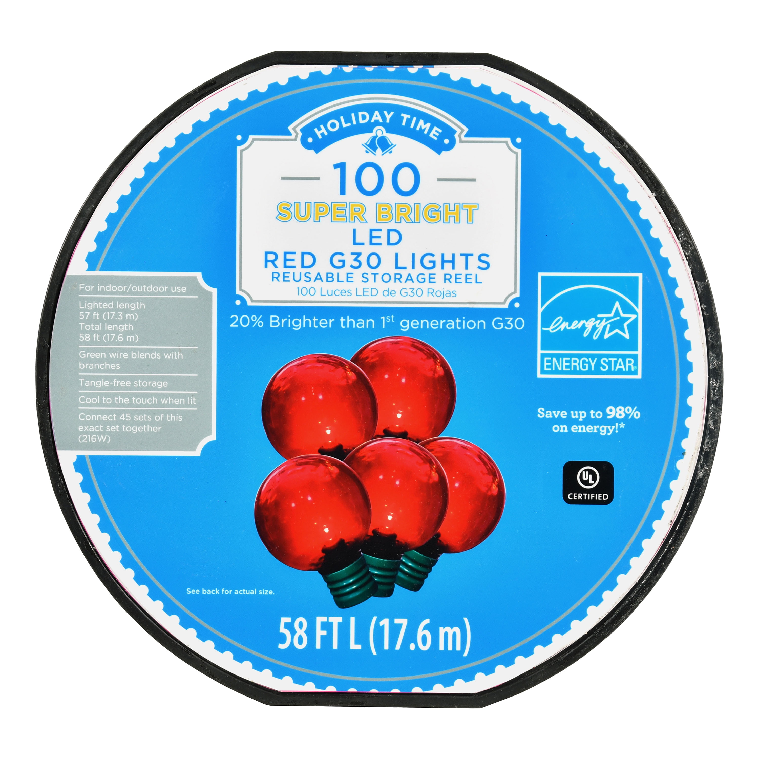 Holiday Time 57 ft, 100 Count Red LED Super Bright G30 Christmas Lights