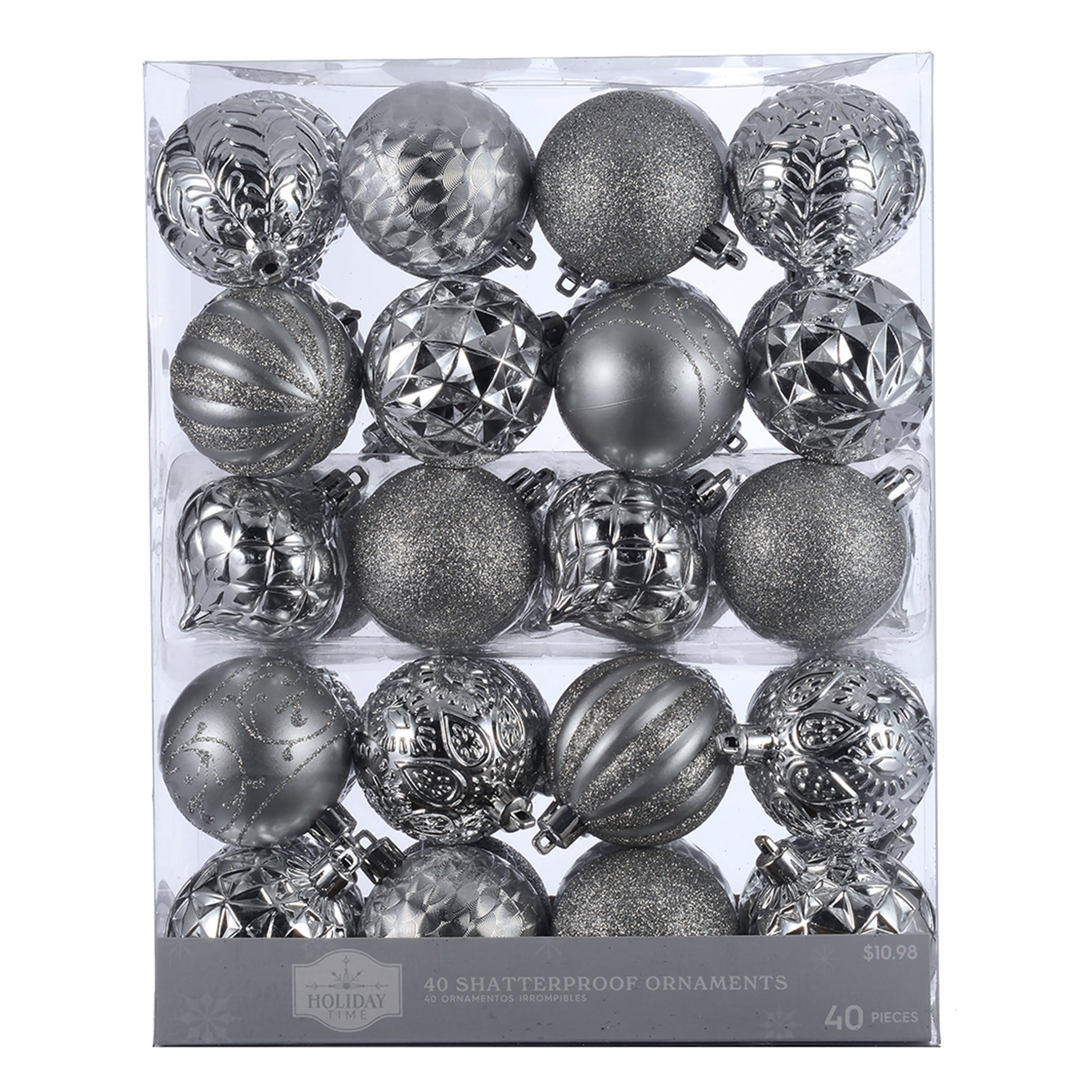 Holiday Time 60 Mm Christmas Shatterproof Ornaments, Metallic Silver ...