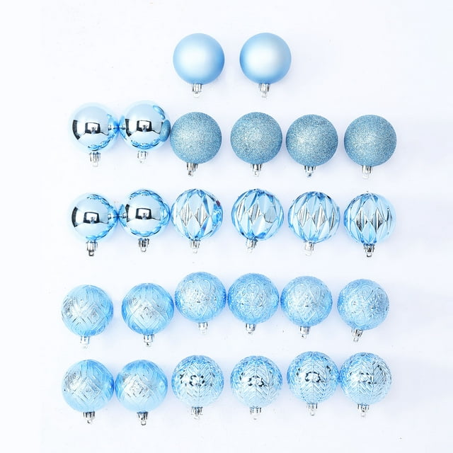 Holiday Time 60 mm Multi-textured Christmas Shatterproof Ornaments, Light Slate Blue, 26 Count