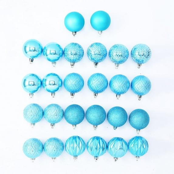 Holiday Time 60 mm Multi-textured Christmas Shatterproof Ornaments, Turquoise, 26 Count