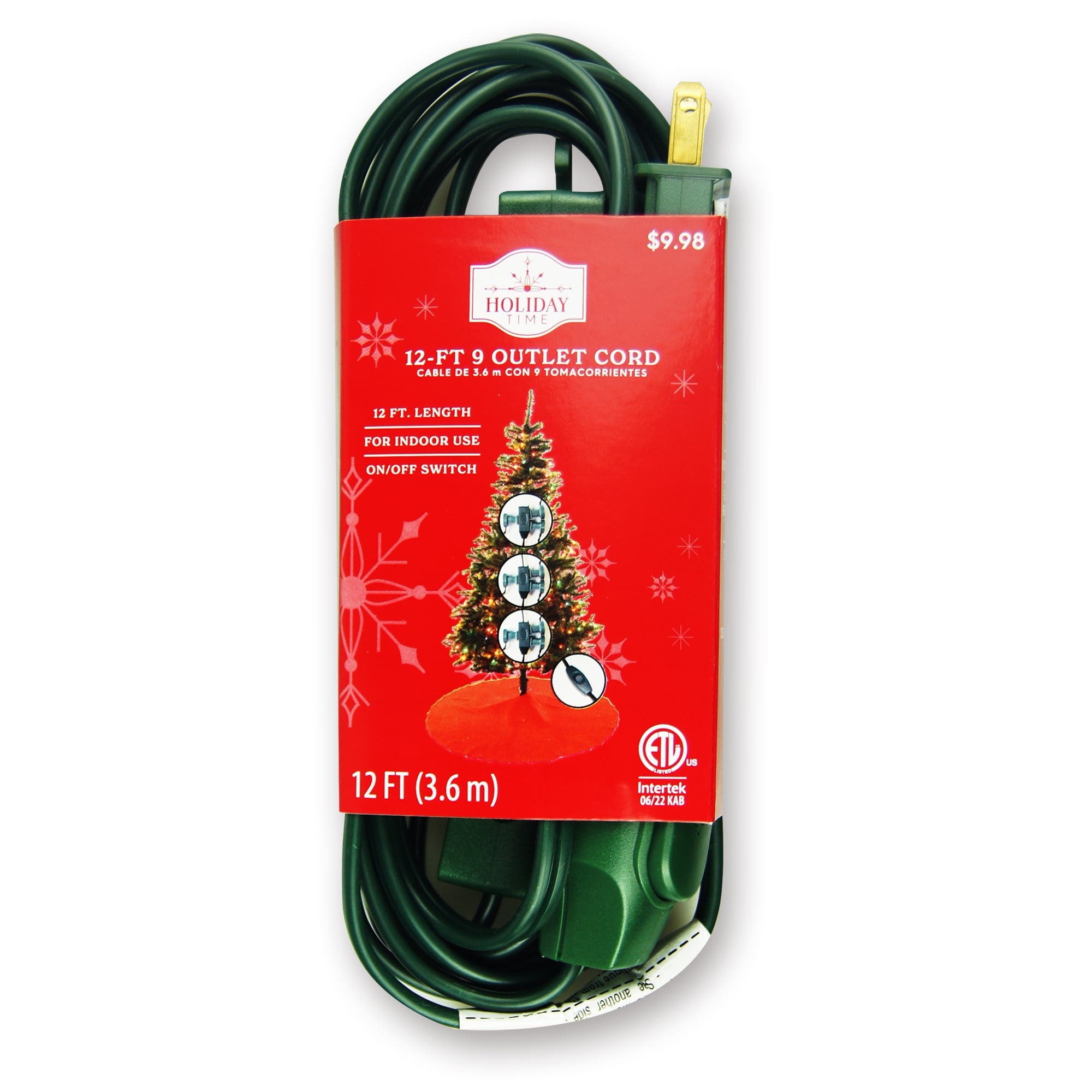 Holiday Time 9Outlet Extension Cord, Green, 12'