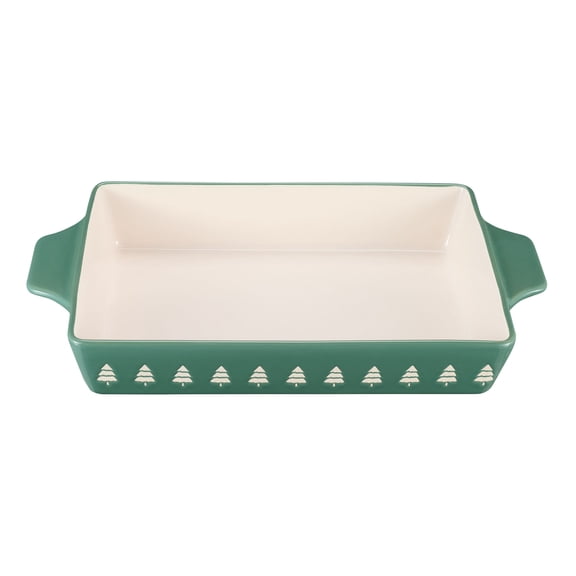Holiday Time 9" x 13" 3.7-qt Trees Glazed Stoneware Bake & Serve Dish, Green & White