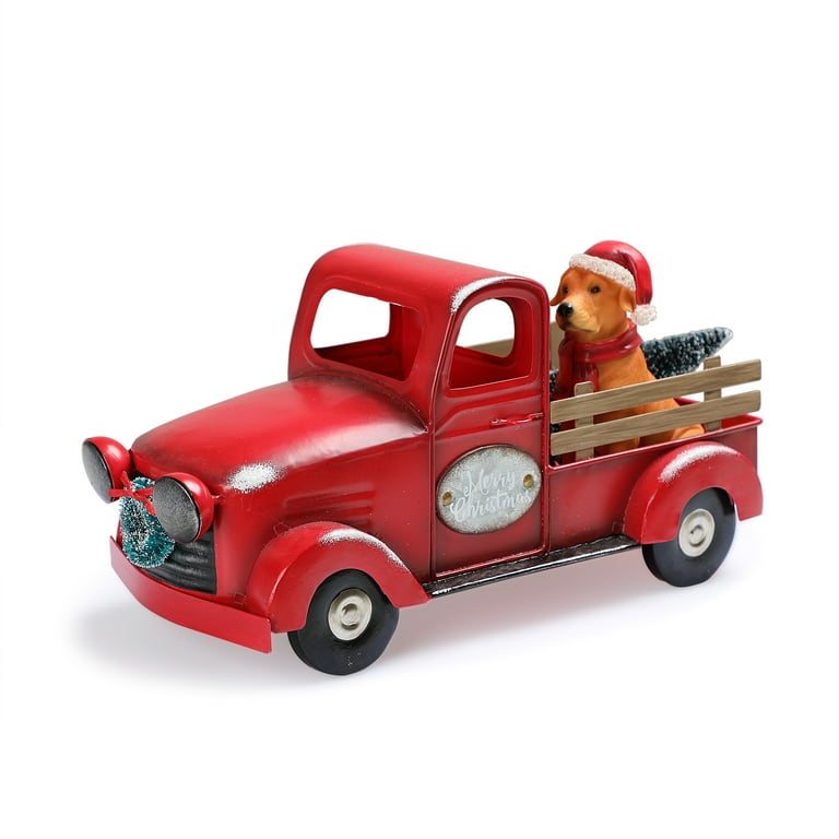 Holiday Time Antique Red Truck with Dog Tabletop Decoration