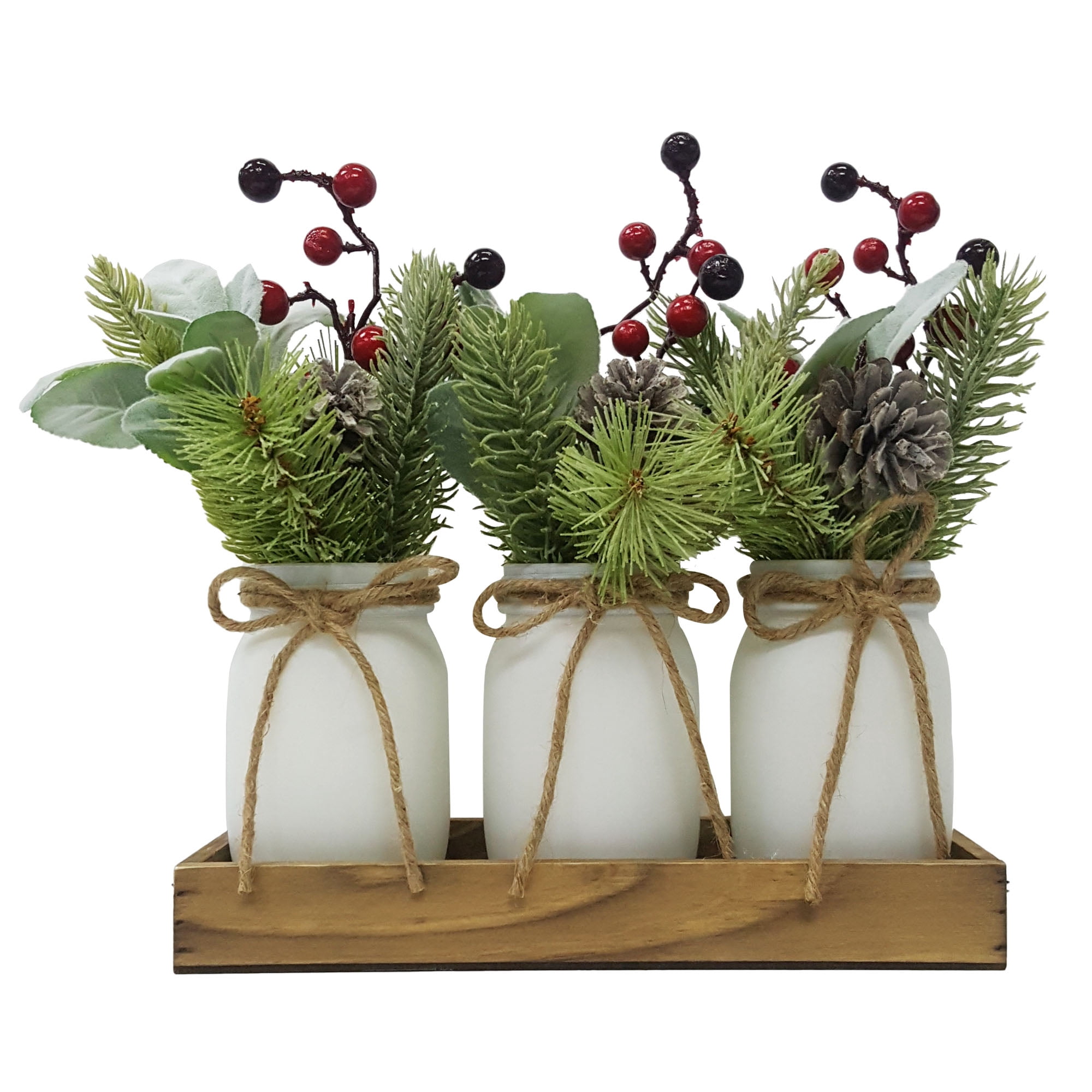 Holiday Time Artificial Liparis and Red Berry Mason Jar and Wood Rail Floral Arrangement