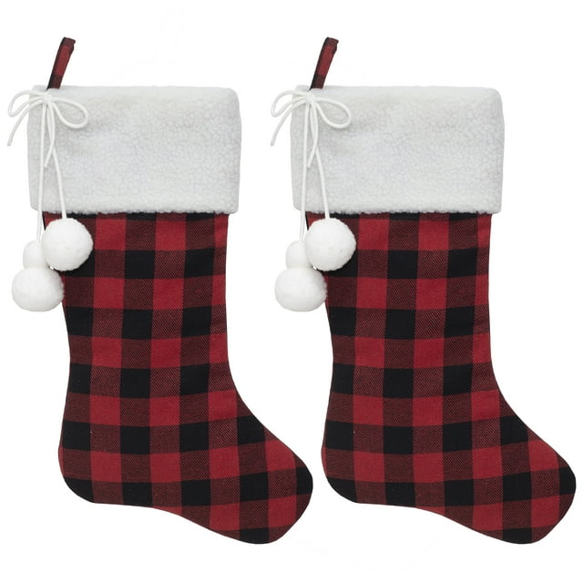 Holiday Time Assorted Colors Plaid Sherpa Christmas Stockings, 10" (2 Count)