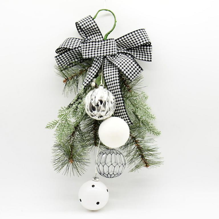 Holiday Time Black & White Christmas Hanging Decoration with Bow,  Decorative Accent Ornament, Ribbon & Bows, 18.1H