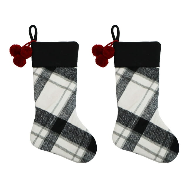 Holiday Time Black and White Plaid Stockings, 20", 2 Pack