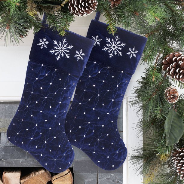 Holiday Time Blue Quilted Velvet Christmas Stockings, 2 Count