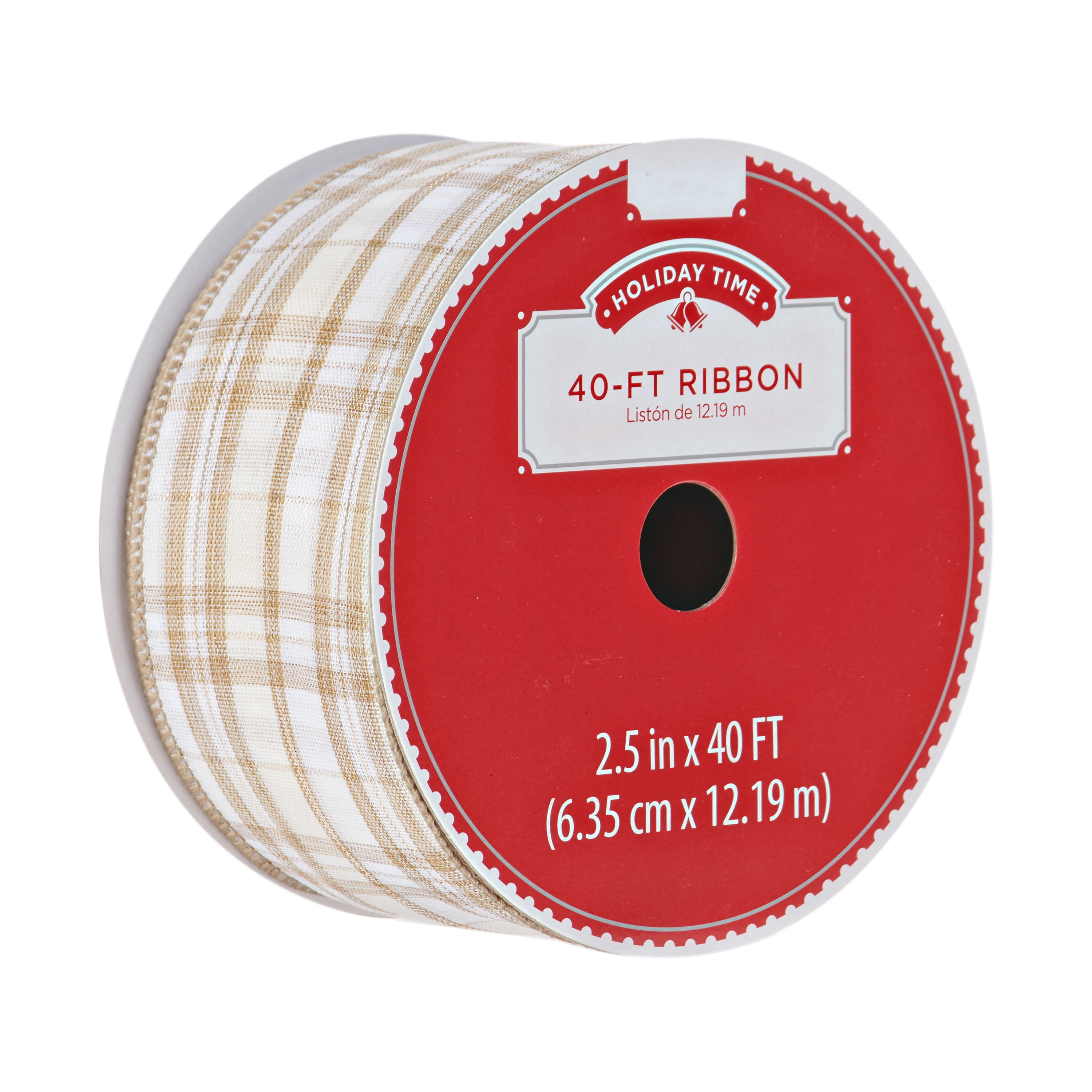 Holiday Time Blush and Gold Ribbon, 5.12 inch — Ivory and Gold Plaid