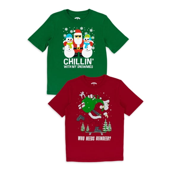 Holiday Time Boys Exclusive Christmas Graphic Short Sleeve T-Shirts 2-Pack, Sizes 4-18 & Plus