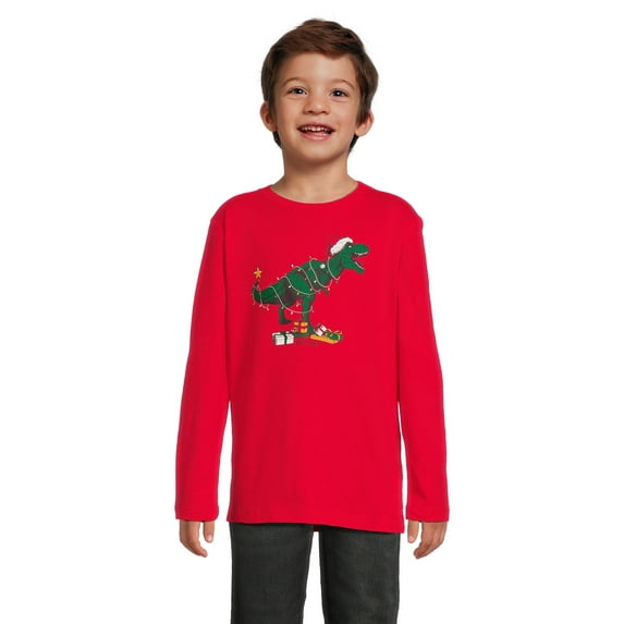 Holiday Time Boys Long Sleeve Christmas Graphic Tee Shirt, Sizes 4-18 & Husky