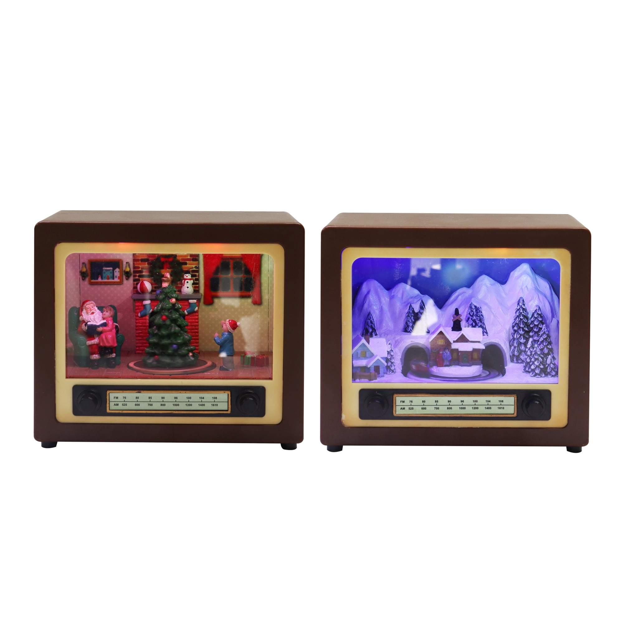 Holiday Time Brown LED Musical Retro Radio Decor, Animated Christmas Tree & Train Station Scene, 5.3”H