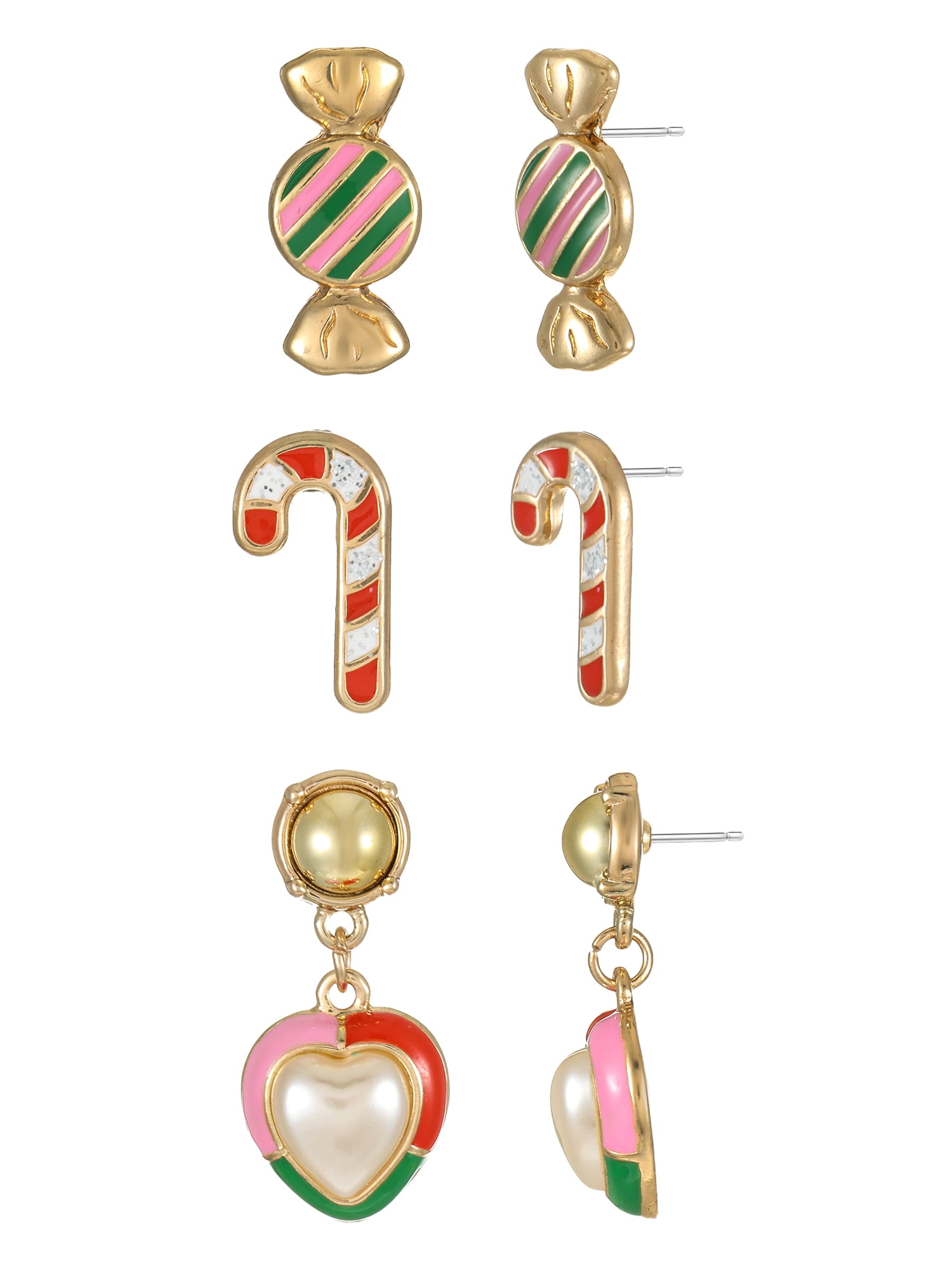 Holiday Time Candy Cane, Candy and Heart Motif Earrings, 3 Pairs