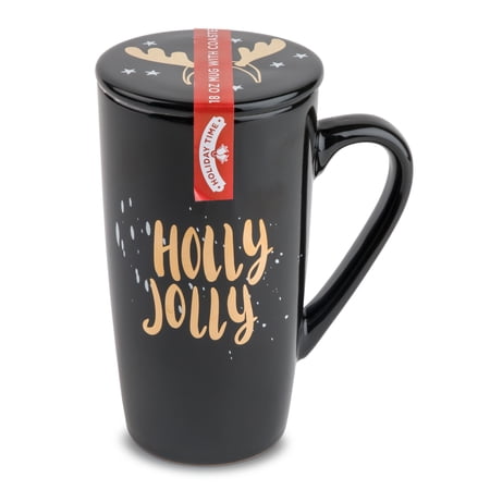 Holiday Time Ceramic Coffee Mug with Coaster, 18 fl oz, Black