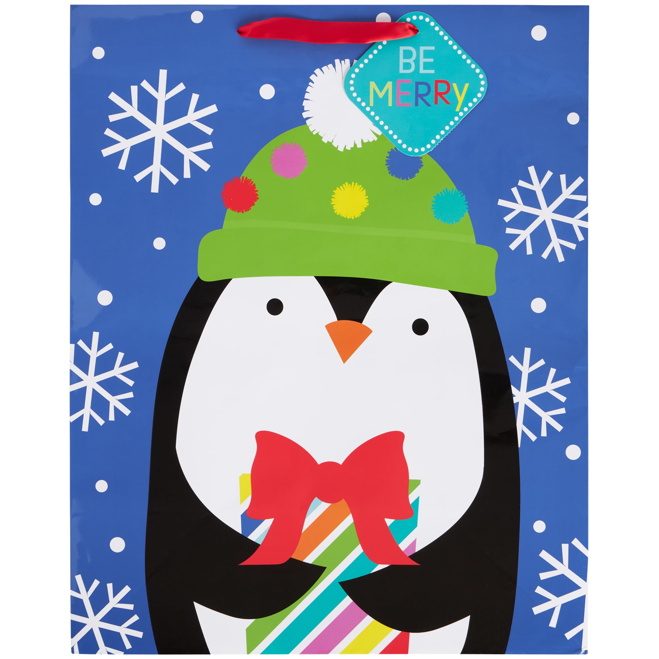 Blue Cheerful Penguin Christmas Gift Bag, 7.5 in x 12.75 in x 16 in, by Holiday Time