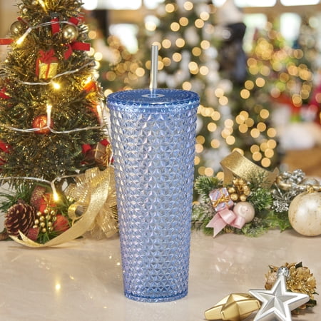 Holiday Time Christmas 26oz DW AS Plastic Textured Tumbler, Iridescent Blue