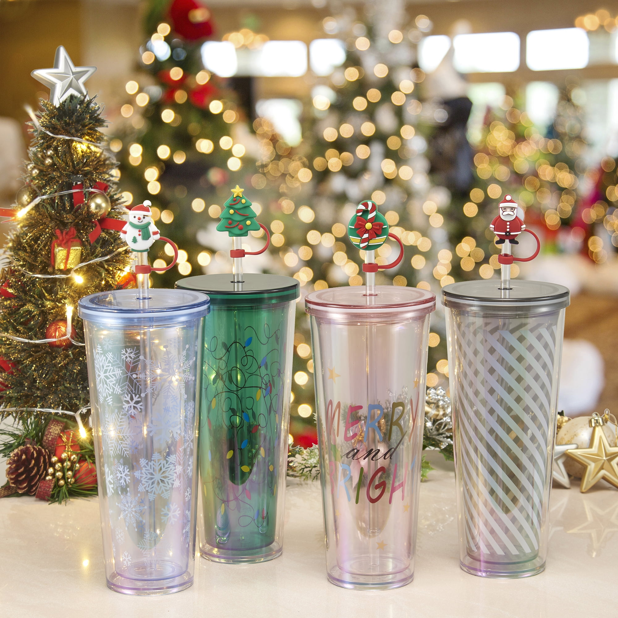 Christmas Plastic Cups With Straws and Lids, Snowmen and Santa Hat