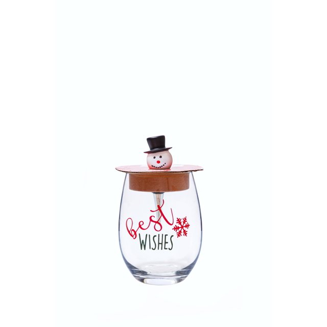 Holiday Time Christmas Clear Stemless Wine Glass With Lid & Tree Bottle Stopper, Best Wishes