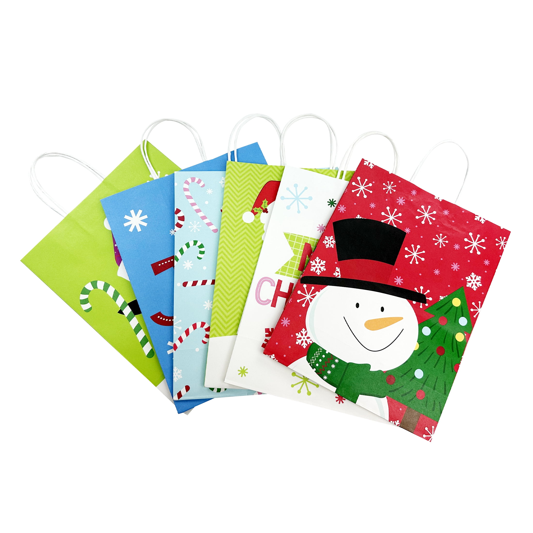 Holiday Time Christmas Gift Paper Bag, Green Penguin, Red Snowman, Merry Christmas, Green Santa, Blue Candy cane, Blue JOY, Large, 10x5x13in
