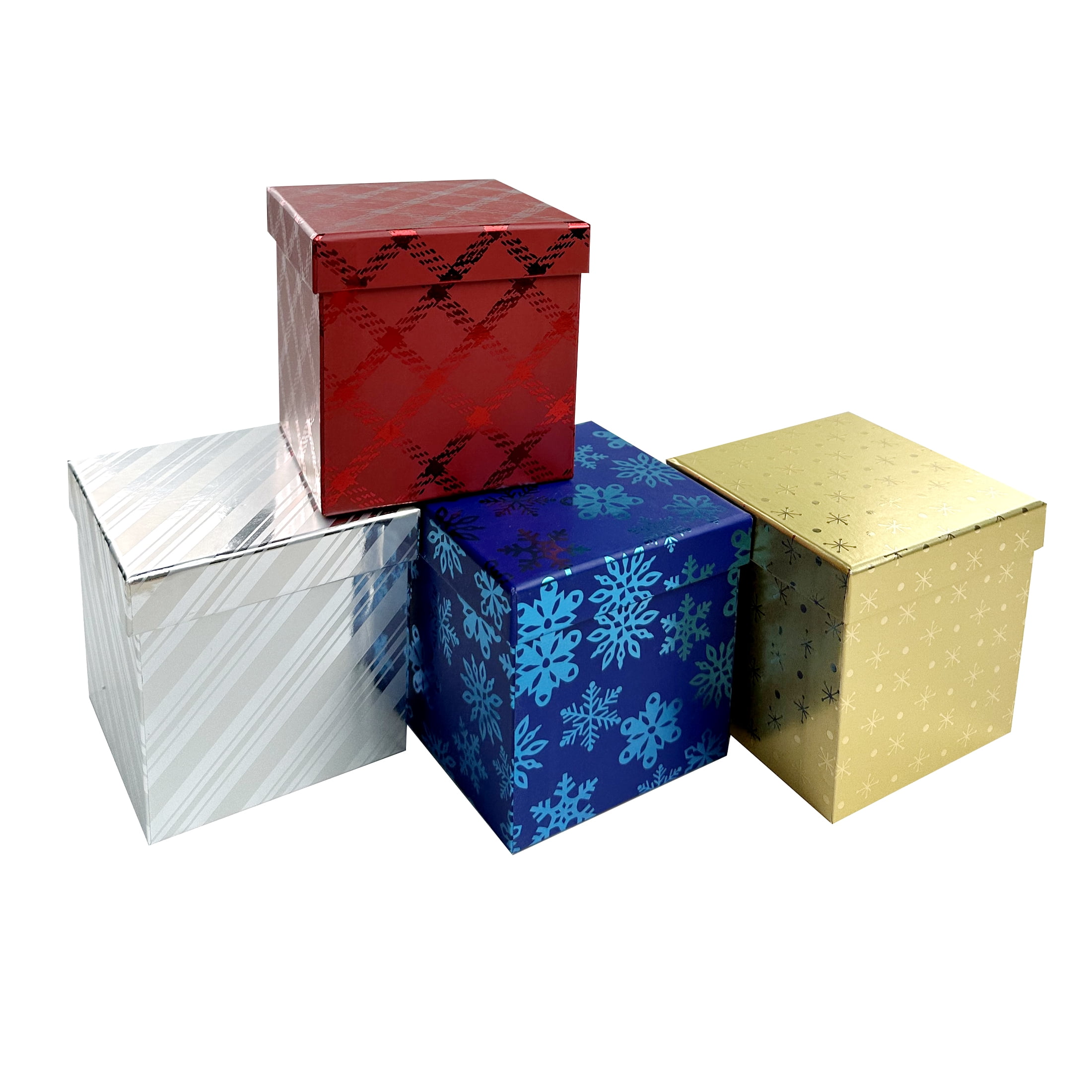 Holiday Time Christmas Gift Square Box, 4 inches, Blue/Red/Gold/Silver Holo
