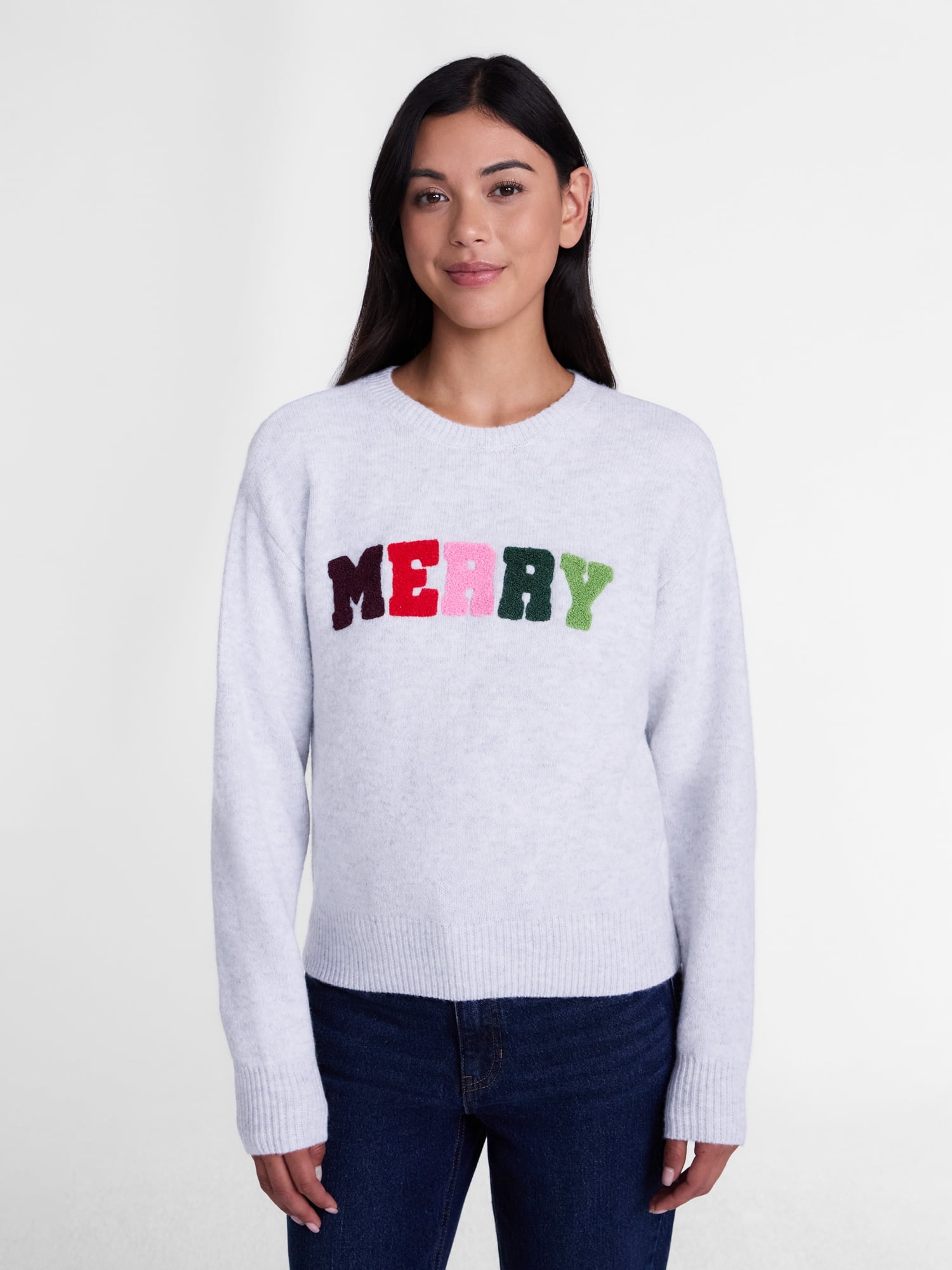 Women’s Christmas Merry Applique Sweater by Holiday Time, Lightweight, Sizes XXS-4X