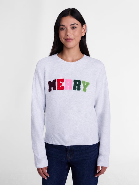 Women’s and Women's Plus Christmas Merry Applique Sweater by Holiday Time, Sizes XXS-4X