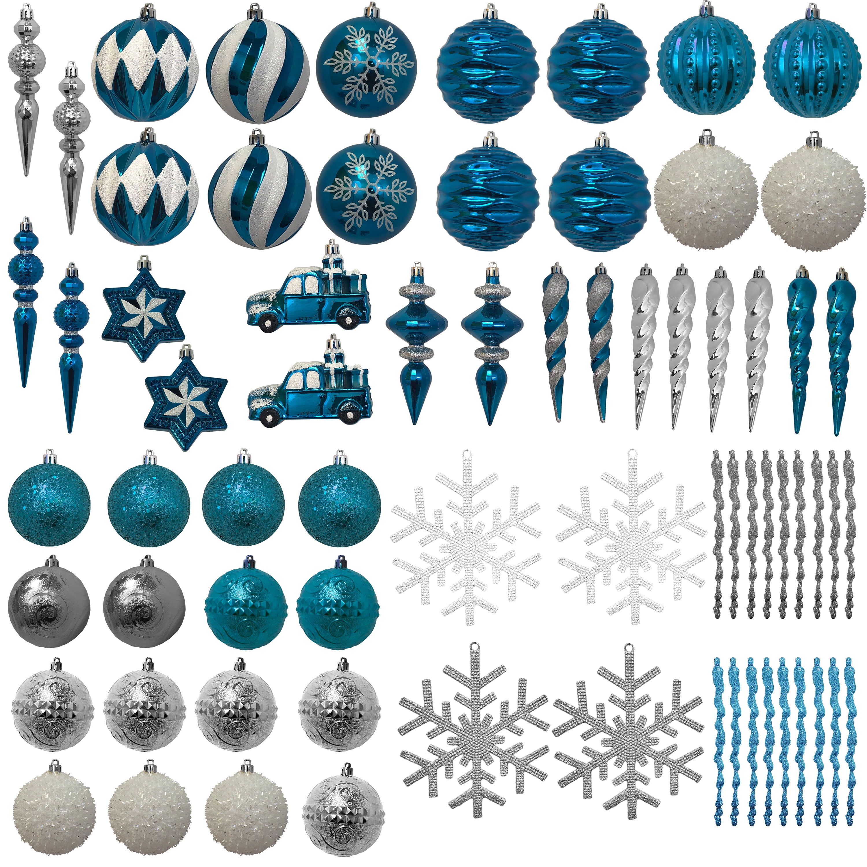 Holiday Time Christmas Ornament Set, Teal, Silver and White, 70 Count ...